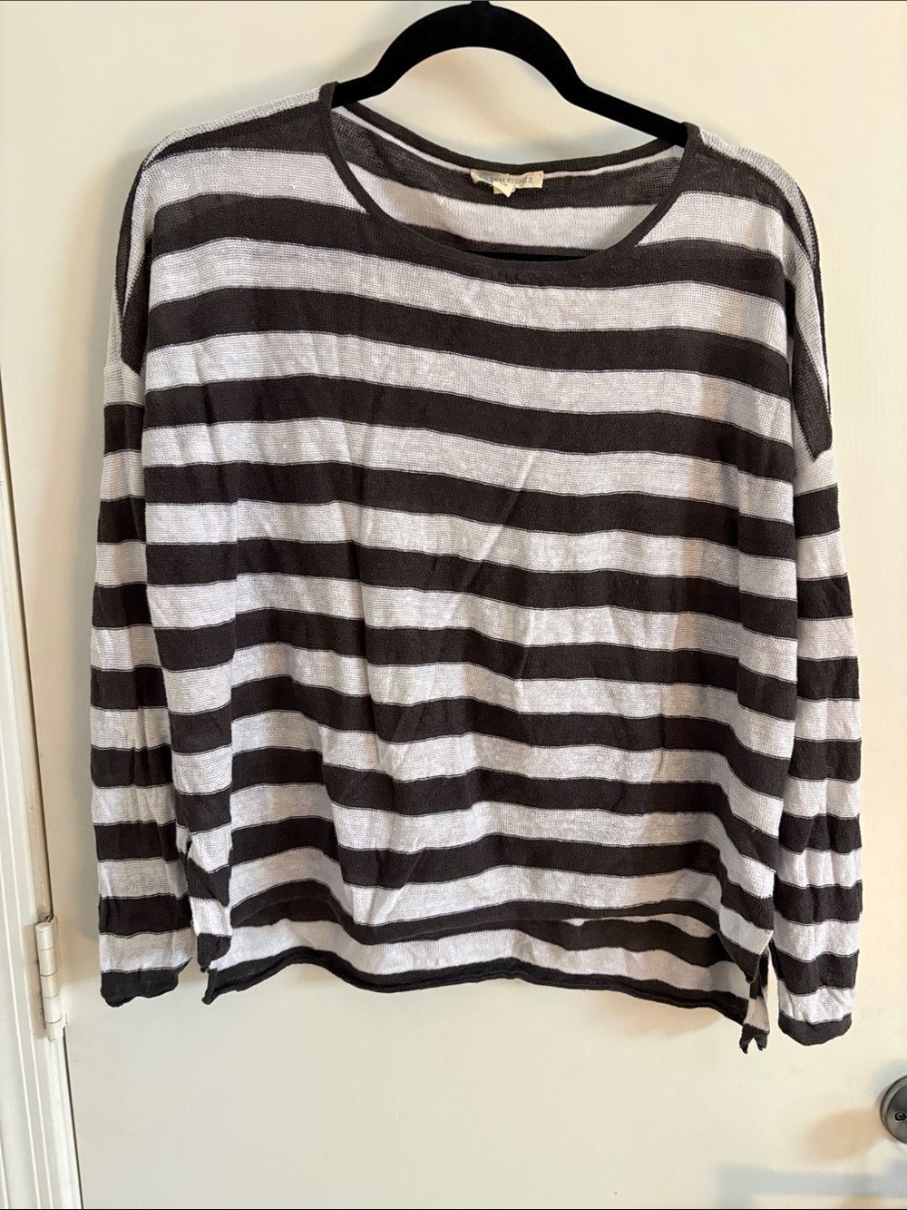 Eileen Fisher Black and White Striped Crewneck Top Size S/P 100%Organic Linen